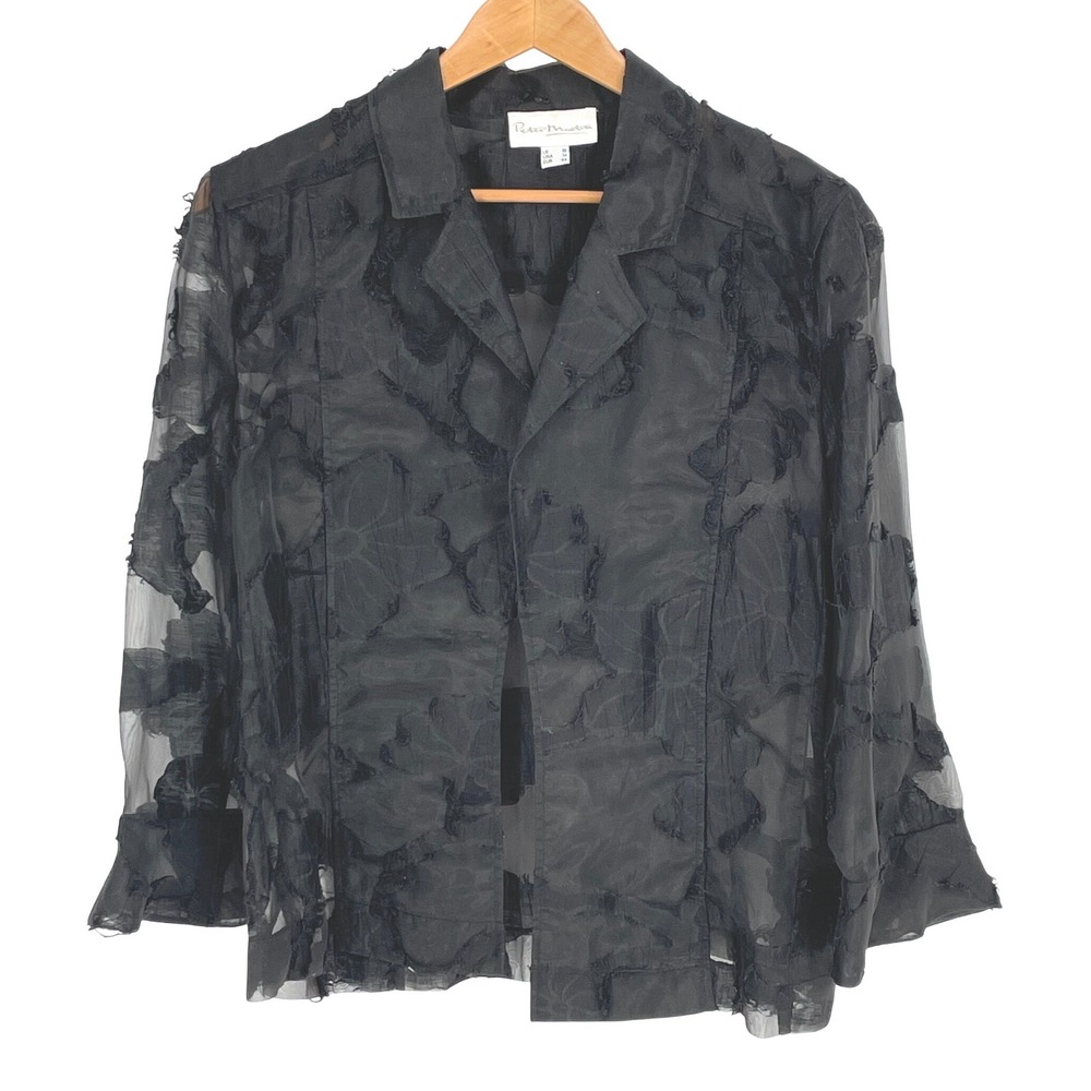 Peter Martin Womens 14 Top Linen Black Sheer Textured‎ Floral Distressed Blouse